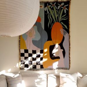 130X180CM Modern Abstract Art Tapestry Boho Woven Jacquard Wall Hanging with Colorful Geometric Design & Fringe Decorative Throw Blanket