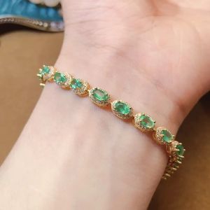 Fashion Sterling Silver Chain Bracelet 3mm*5mm Natural Emerald Bracelet with 3 Layers Gold Plating Woman Birthday Gift