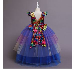 Girls Leopard Print Long Mesh Princess Dress – Kids Flying Sleeve Banquet Gown with Big Bow for Birthday Party Prom & Formal Events for 3-12Y