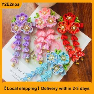 【Local shipping】 Japanese Kimono Fabric Flower Folding Fan Children Hair Accessories Clip Tassel Headwear Headdress Barrette