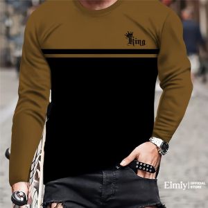 King Print Tshirts for Men Casual Daily Color Block Long Sleeve for Men Round Neck 2025 Outdoor Street Dry Fit T Shirts for Men
