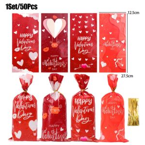 50Pcs/Set Valentine’s Day Plastic Candy Bags Transparent Snack Cookie Chocolate Gift Packaging Bags Wedding Party Gifts