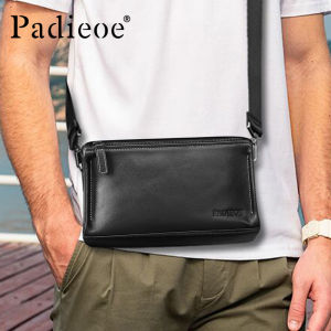 PADIEOE Premium Leather Lightweight Multi-purpose Crossbody Bag for Men - Simple Leather Design in Black - Stylish and Casual Business Bag for Men