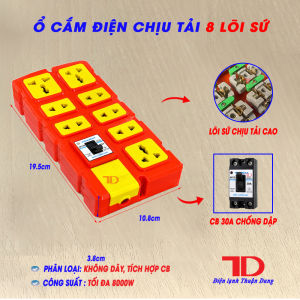 Ổ Cắm Điện Chịu Tải 8 Lõi Sứ Công Suất Đến 8000W Vỏ Nhựa ABS Có Dây Và Không Dây Dùng Cho Thiết Bị Điện