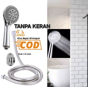 LIONESS Paket Kran Shower Double Model Engko l+ Hand Shower 5 Motif Pancuran+ Selang + Gantungan Shower Komplite 1 set