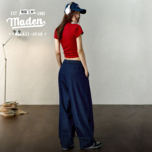 MADEN brand Womens Youth Casual Hip Hop 2025 Summer New Ice Silk Jeans Small Elastic Waist Drawstring Cool Straight leg Pants Style Slimming Pants