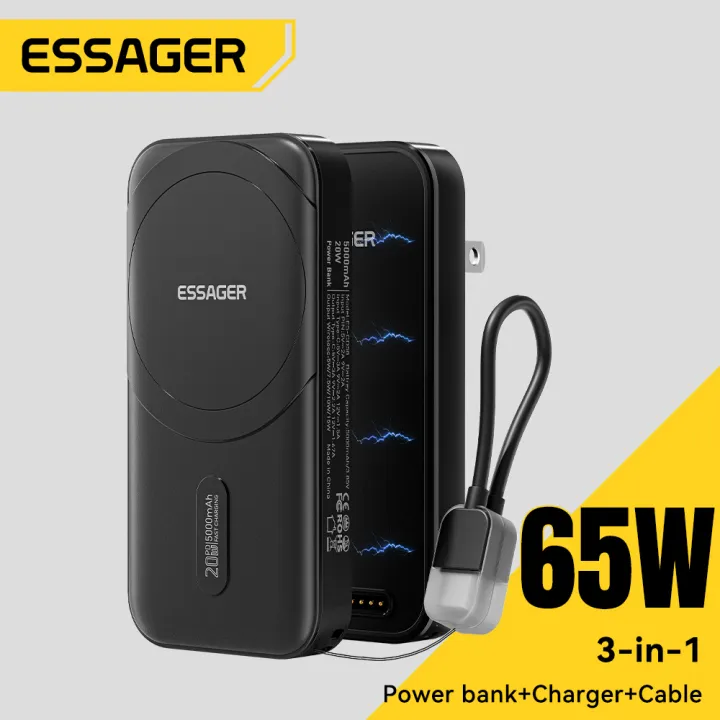 Essager PD65W GaN 3-in-1 Travel Charger Adapter Type-C Fast Charge Multi-device Compatibility Adapter Wireless Charging For iPhone16 Macbook iPad Laptop Tablet