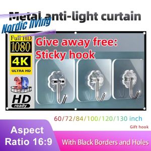 Projector Screen Simple Folding Metal Anti-light Curtain 60/72/84/100/120/130/133 inch 16: 9 HD Portable Projector Curtain Small and Large Sizes Black Edge Punch