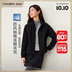 Giordano Beau Monde Women Pleated back drawstring hooded windbreaker Free Shipping 13376763