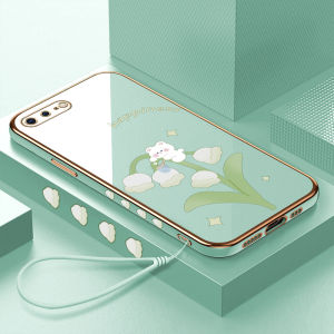 (lokal stock) Kesing hp Untuk iPhone 6 6S 6+ 6S+ 7 7+ 8 8+ Plus SE(2020) (Lanyard Gratis) Cartoon Cute Bear Lily of the Valley Square Edge Pattern Design Luxury Plating Soft Phone Case