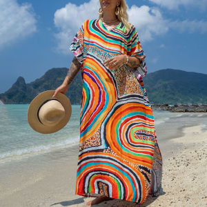 DN0849 Áo Dài Đi Biển Boho Áo Kaftans Váy Đi Biển Sarong In Hình Cho Nữ Gợi Cảm Đồ Bơi Che Kín