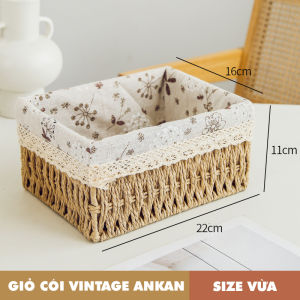 Giỏ Mây Lót Vải Vintage ANKAN – Giỏ Picnic Đựng Đồ Giỏ Mây Decor Để Bàn Đẹp Mắt
