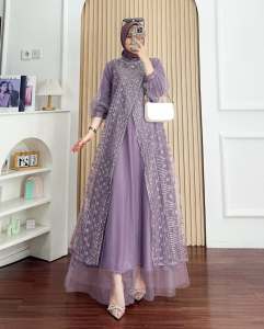 Kayla Dress Gamis Brukat Pesta Mewah Elegan Terbaru 2025 Lebaran Viral Baju Gamis Kondangan Burgundy Brokat Tille Mutiara Elegan Remaja Dewasa Jumbo