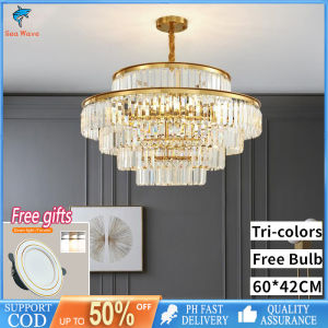 【Free Gift + Ph Local】Tri-Colors LED Crystal Ceiling Lamp Bedroom Study Yellow Crystal Small Dining Room Chandelier