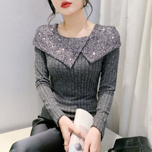 Yimei phiên bản Hàn Quốc áo sọc sequin thanh lịch và thời trang cho nữ mùa thu và mùa đông ôm vừa Áo thun cổ vuông viền diềm xếp nếp áo Thun Cơ Bản dệt kim dài tay khí chất