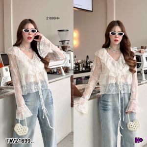 TW21699 เสื้อแขนยาว ระบายทั้งคอ แขน อกผูกโบว์ ..