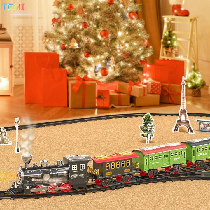 TEMI Christmas Gift Classic Train Set Railway Electric Toy with Light Sound  Transportation Xmas Present Tree Xmas Decor Toy Christmas
