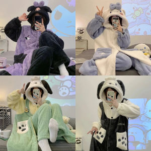 Y2K Cartoon Plush Pajamas Sanrio Kuromi Winter Kawaii Women Anime Hooded Nightgown Long Cute Girl Thicken Warm Student Homewear