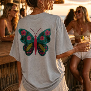 [Local Stock] HBESTY  Crew Neck Short Sleeve T-Shirt with Floral Butterfly Teal Wings Pink Flowers Green Leaves Red Body High Quality Cotton Tops Tee