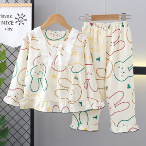 ชุดนอนเด็ก ชุดนอนเด็กหญิงสไตล์เกาหลีแขนยาวลายเจ้าหญิงสำหรับเด็กในฤดูใบไม้ผลิและฤดูใบไม้ร่วง