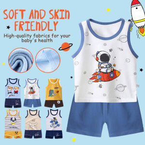 【Local Stock】100% Cotton Suit Kids 2pcs Set Kids Summer Clothe Shorts And T-shirt Clothing Sets Breathable Fabric Gentle On Skin