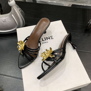 [Free Shipping] Metal Flower Slippers Stiletto Heels Black Sandals Open-Toe Slippers Outdoor Wear 2026 Summer New High Heels