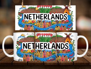 * 1 PC MUG WITH BOX * NETHERLANDS COLORFUL MUG DESIGN 11oz with BOX SOUVENIR MUG