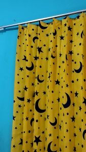 [Grosir] Terlaris Gorden katun motif bulan bintang model plisket warna kuning gorden tipe pengait kawat Gorden jendela dan pintu
