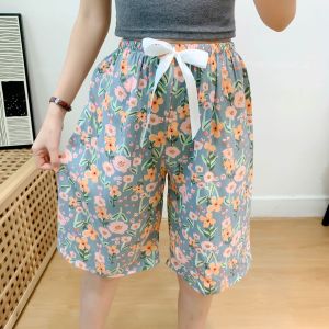 Ruige Womens Cotton Silk Pajama Pants Summer Thin Japanese Floral Loose Large Size Cropped Pants Artificial Cotton New Outerwear Middle Pants