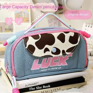 INK6755 Y2K Style Cowboy Pencil Case Large Capacity Double Zipper Denim Pen Bag Fashionable with Strap Stationery Storage Pouch School Supplies