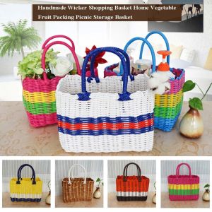 CANICECA Rattan Woven Handmade Wicker Shopping Basket Multicolors 241418cm/231218cm Picnic Storage Basket High Quality PE Home Vegetable Fruit Packing