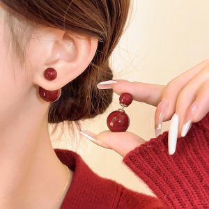 Fashionable Ring Gift 双面大小珍珠耳钉安可拉红色两戴耳环轻奢高级感小众独特气质耳饰