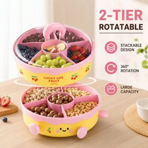 Home&Life.8 Cute Rotatable 2-Tier Stackable Fruit Platter Multi-Slot With Sealed Lid For Fruits Nuts Snacks