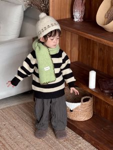 Childrens autumn and winter knitted sweaters 2025 Baby winter clothing Korean style childrens clothing boys striped suit