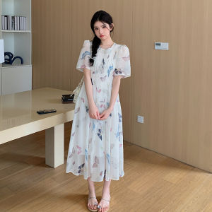 เดรสหลวมสำหรับผู้หญิงตั้งครรภ์ถ่ายภาพจริงเดรสคนเป็นแม่พิมพ์ลายทรงหลวมกระโปรงผ้าชิฟฟอนความยาวปานกลาง