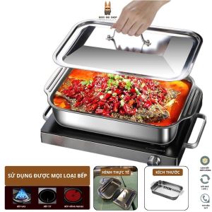 Khay Inox đựng thực phẩm nấu đồ ăn lò nướng có nắp đậy Phù hợp nướng bánh nấu lẩu Kích thước 37Cm