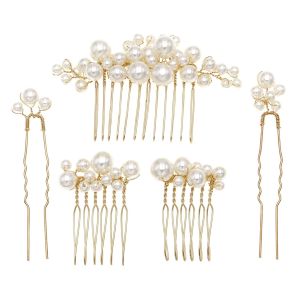 Pearl Hair Combs and Hair Pins for Bridal Women Decorative Hair Accessories for Wedding Prom Set of 5 (Gold)