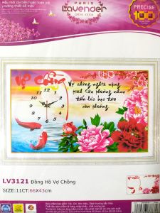 Tranh thêu chữ thập vợ chồng cá hoa mẫu đơn LV3121- kích thước 66 * 43