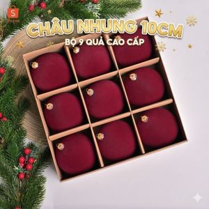 Bộ hộp châu nhung đỏ 10cm trang trí Giáng Sinh treo cây thông noel cao cấp nhập khẩu mềm mịn căng bóng – Set 9 quả