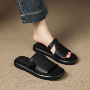 Brand Off-Size Soft Leather Casual Thick-Soled Platform Slippers For Women Summer Outdoor Simple Flat-Soled Vacation Slip-On Brown