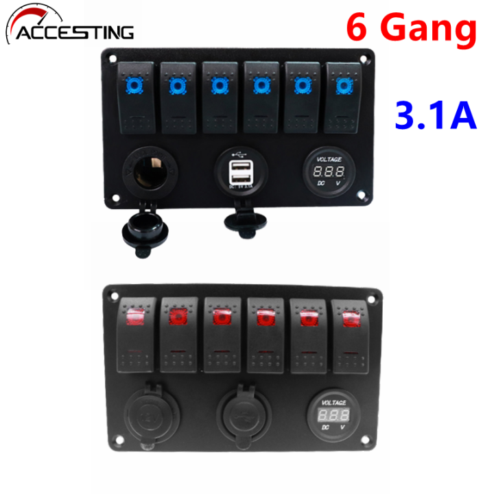 Frentaly 6 Gang Toggle Rocker Switch Panel With USB Voltmeter - Green LED - For Car, Boat, Marine
