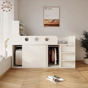 HDB Bed Solid Wood Double Bed With Multi-Functional Storage Cabinet Wardrobe