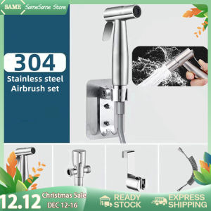304 Stainless Bidet Spray Shower Toilet Sprayer Flushing Washer Bathroom Pressurized Bidet Set(Sprayer + Holder + 1.5m stainless steel Hose + T-Adapter+ Tape)