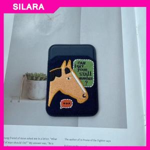 SILARA Embroidery Leather Card Holder Magnetic Card Protective Case Anti-lost Mobile Phone Bag Ultra-thin Mobile Phone Back Clip