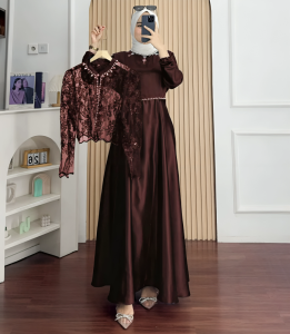 Dress Brokat Mewah Terbaru Setelan Gamis Pesta Burgundy Wanita Silk Premium Mix Payet Busana Muslim