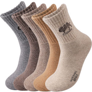5 Pairs Thicken Camel Print Crew Socks Mens Winter Casual Heavy Knit Mid-Calf Sock Fleece Lined Comfort for Outdoor/Indoor