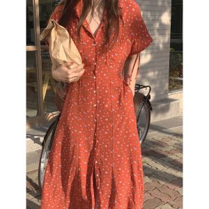 พร้อมส่ง 🍅 red shirt dress C2389 เดรสยาวลายดอก เดรสยาวแดงลายดอก