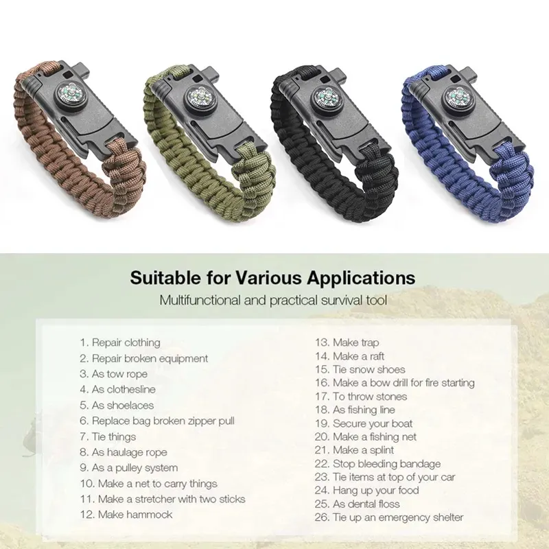 5 in 1 Survival Bracelet Paracord Multi-function Tool with Fire Starter &  Compass & Rescue Whistle & Rope cutter Paracord Bracelet Buckle