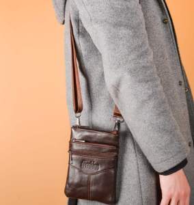 [QiaoFan] Multifunction Genuine Leather Belt Bag for Men Business Cow Leather Chest Bag Phone Bag Small Messenger Bag Casual Cross Body Bag Shoulder Bag Sling Bag for Work