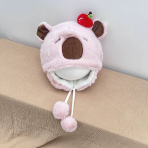 Kids Capybara Plush Hat Windproof Cold-Proof Pullover with Cartoon Ears Double Pompoms